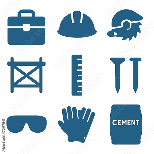 Blue construction tools icons on gradient background