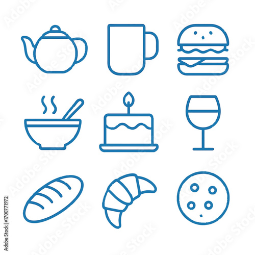 Neon blue line icons of food and drink items on dark background