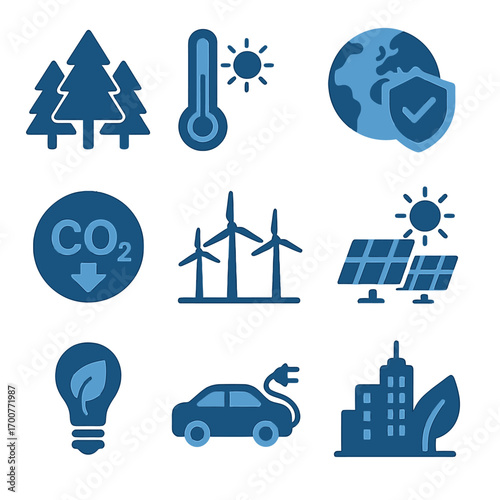 Eco-friendly technology icons with sustainable energy and climate protection in dark neon style