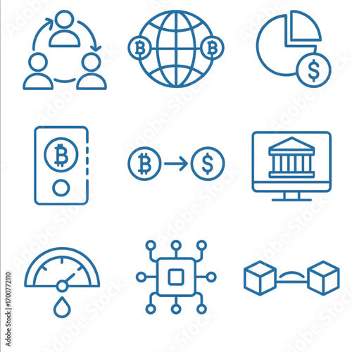 Blue linear icons of cryptocurrency, finance, and network connectivity