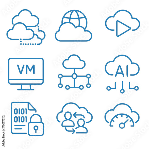 Cloud computing icons display featuring blue linear style on a blurred background