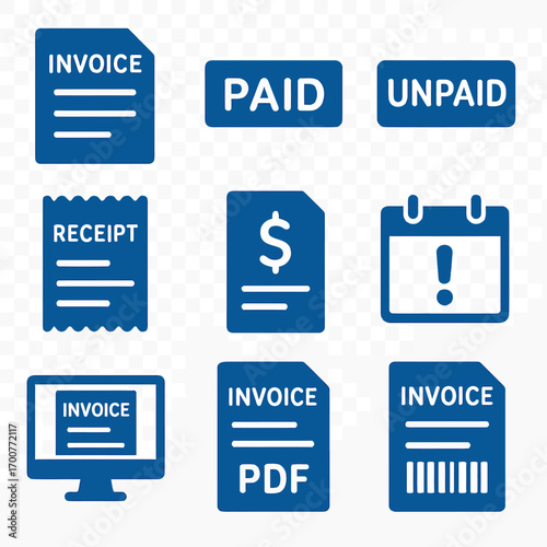 Financial document icons: invoice, receipt, and payment status symbols