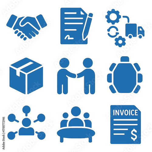 Blue business icon collection with office and communication symbols