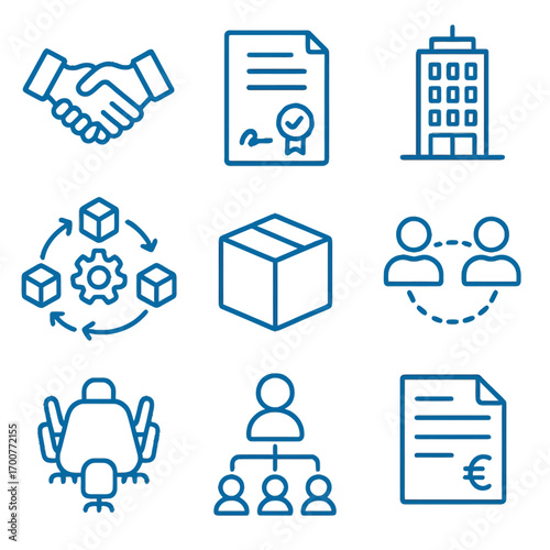 Business icon set featuring handshake, contract, office, gear process, team structure