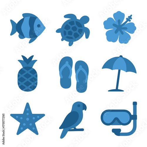 Neon beach icons: tropical summer vibes with ocean life and holiday essentials