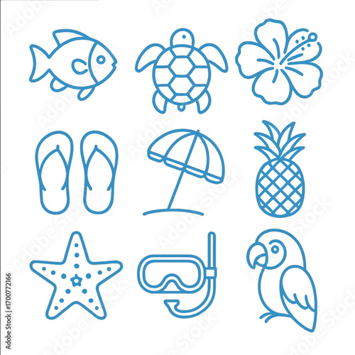 Blue neon tropical icons: summer, beach, and sea life linear design
