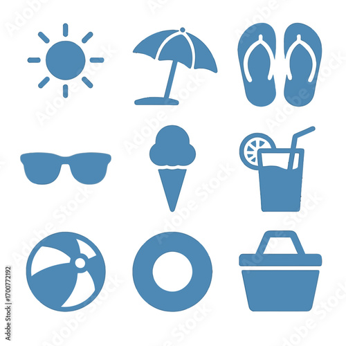 Minimalist blue summer icons set featuring sun, umbrella, and more