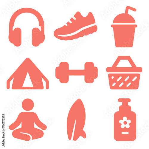 Neon icons: fitness, camping, surfing, meditation, and more