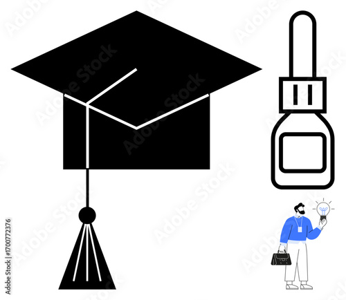 Graduation cap symbolizes education, lightbulb represents innovation, man with briefcase suggests knowledge application. Ideal for education, innovation, success, creativity, professional