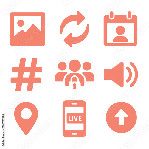 Neon red glowing social media icons set with interactive design elements