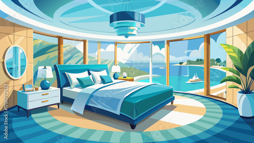 Stunning panoramic 360 view of a luxury coastal bedroom, with an aqua blue headboard, crisp white linens, glass balcony doors, and gentle natural light, radiating freshness, simplicity, and seaside ch