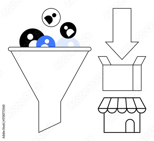 Funnel processing abstract human shapes into a box leading to a storefront. Ideal for marketing, sales, e-commerce, business strategy, customer conversion, efficiency, and decision-making concepts