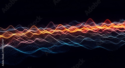 Abstract Digital Wavy Soundwave Visualization with Glowing Particles on Black Background