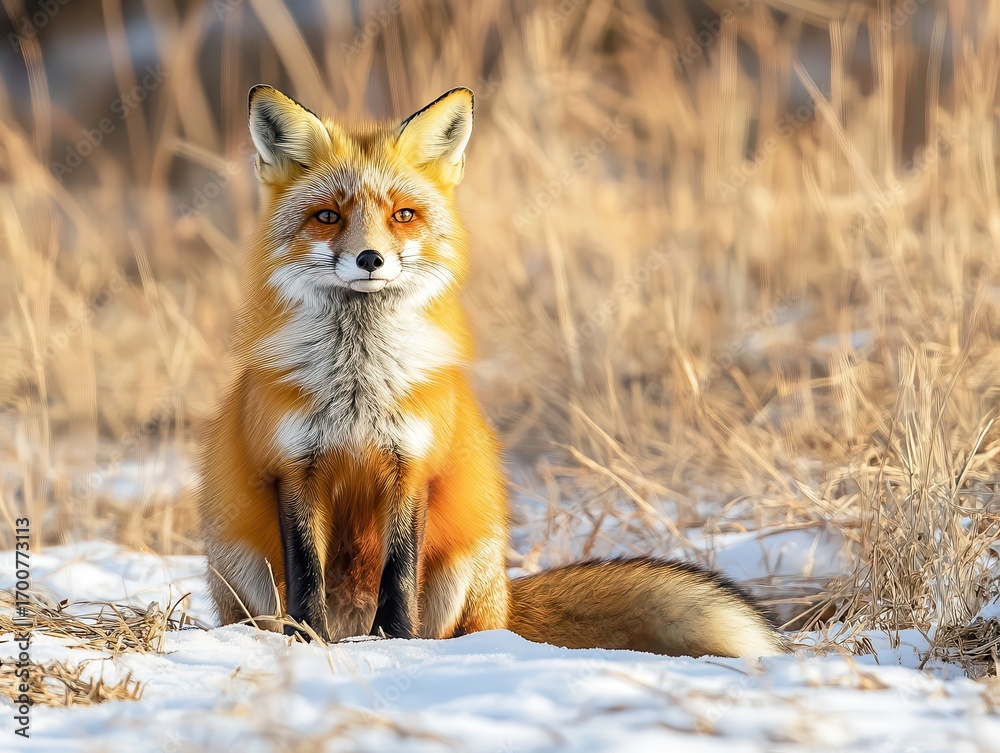 Fototapeta premium Fox is sitting in the snow with its tail curled up