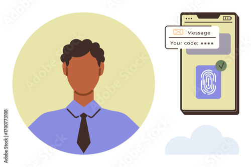 Person in formal attire next to mobile phone displaying fingerprint scan and security code entry. Ideal for cybersecurity, biometric login, data protection, online security, digital identity, access