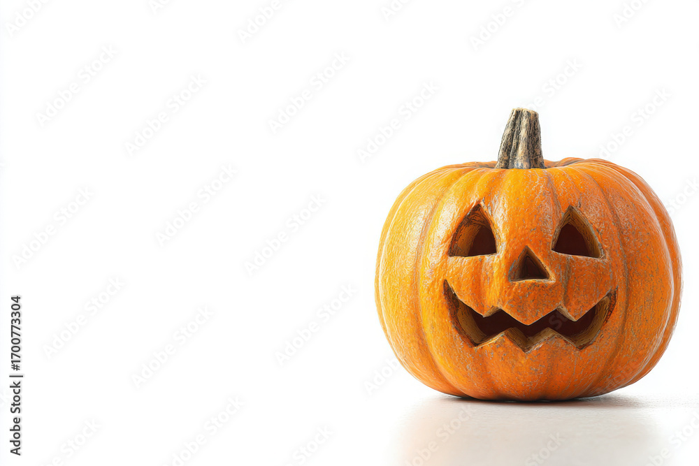 Fototapeta premium A single orange carved pumpkin, a jack-o'-lantern, with a spooky face, sits on a white background, ready for Halloween festivities.