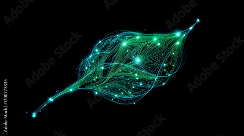 Green Technology. solar panel made of flowing, glowing lines and circuits. The panel is in the shape of a leaf, symbolizing the connection between nature and technology