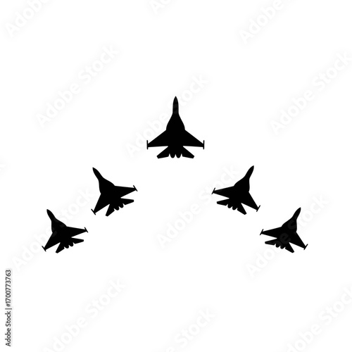 Silhouette of five fighter jets in formation against a plain white background.