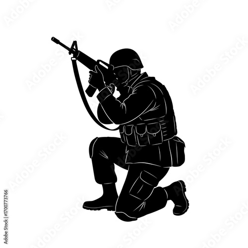 Silhouette of a soldier kneeling and aiming a rifle, wearing a helmet and tactical vest.