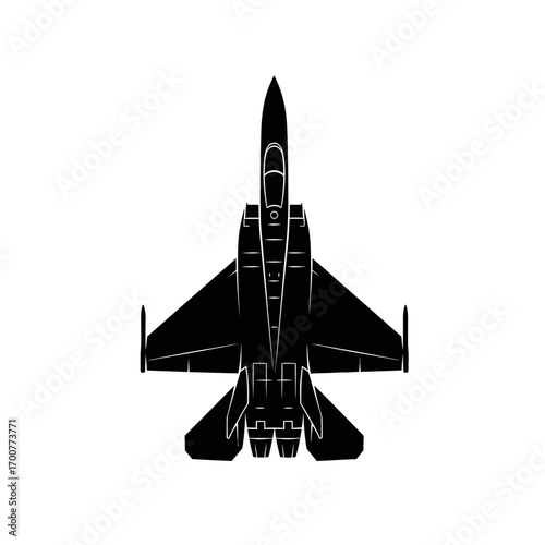 Top-down view of a black silhouette of a military jet fighter aircraft.