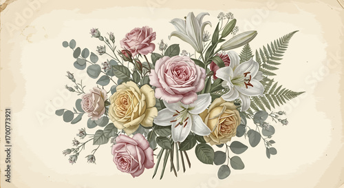 A vibrant bouquet of roses and lilies beautifully arranged.