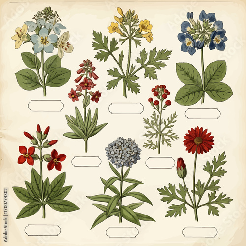 Vintage botanical illustrations of colorful flowers arranged in a neat grid with labels.