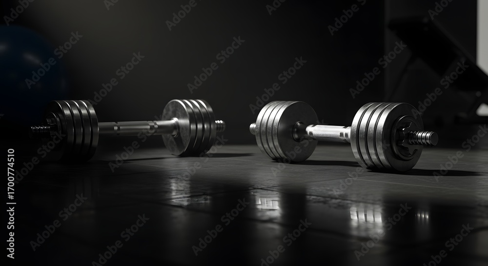 custom made wallpaper toronto digitalRealistic dumbbells on gym floor with dramatic shadows and metallic reflections in minimal background