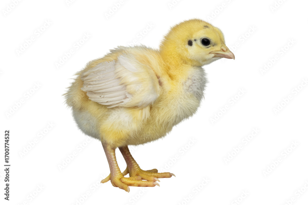 Obraz premium A fluffy yellow chick stands on a transparent background, showcasing its downy feathers and small legs. background removed