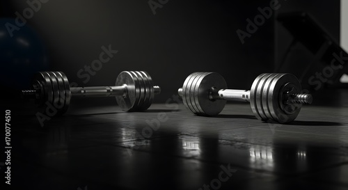 Wallpaper Mural Realistic dumbbells on gym floor with dramatic shadows and metallic reflections in minimal background Torontodigital.ca