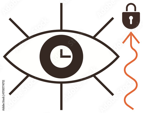 Large eye containing clock highlights time and focus. Arrow leads to padlock, relating to vision, planning, unlocking potential, digital security. Ideal for time management, clarity, innovation
