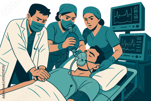 Medical team performing emergency resuscitation in hospital room