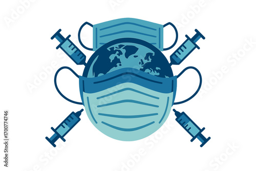 Global health protection: earth with medical mask and vaccines