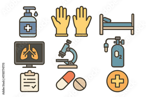 Healthcare icons set: medical tools and symbols in outline style for modern design