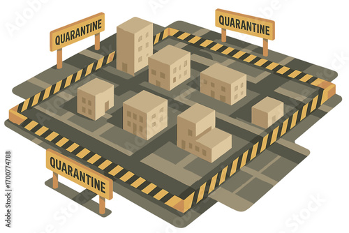 Isometric city in quarantine with barrier signs on streets