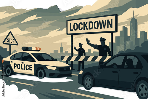 Urban lockdown scene with police roadblock in monochrome style