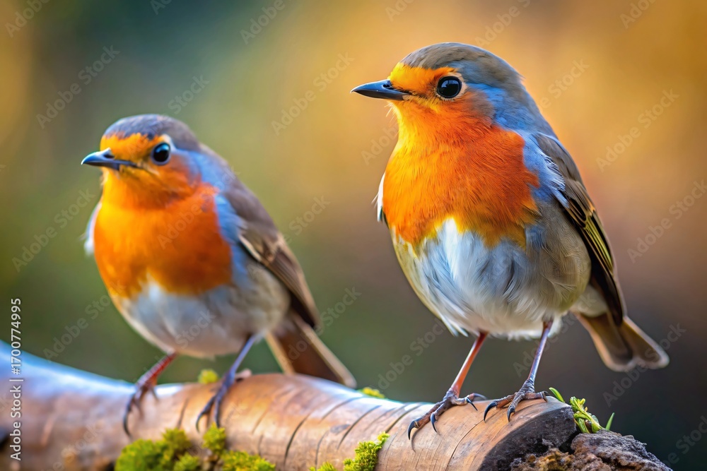 Fototapeta premium Two European robins perched on a mossy branch.