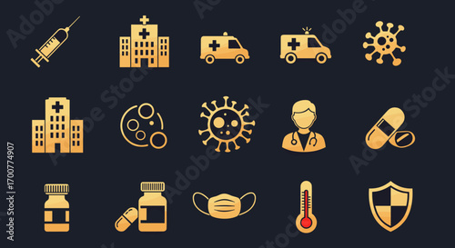 Healthcare icons set: medical, hospital, ambulance, virus, doctor, shield, medicine, temperature