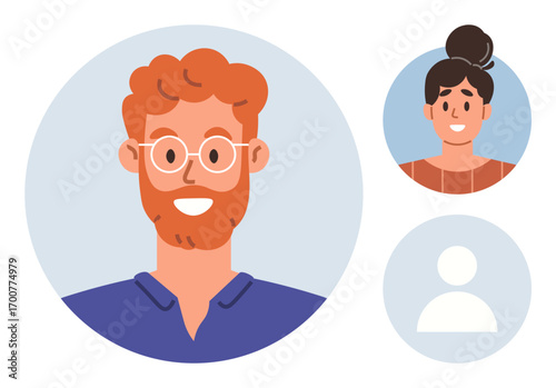 Male character with glasses and beard, female with bun hairstyle, blank avatar for customization. Ideal for communication, user interface, networking, profile design, diversity, individuality simple