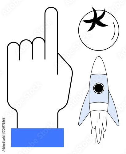 Upward-facing hand gesture with rocket launch and abstract star, signifying ambition, exploration, or progress. Ideal for innovation, startup, creativity, vision, focus motivation simple flat