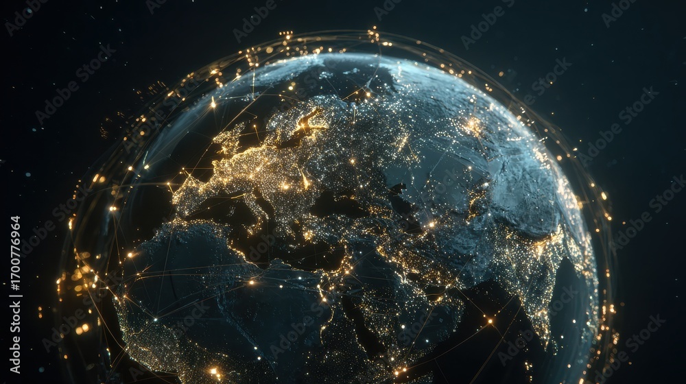 Obraz premium digital globe with illuminated nodes and connecting lines surrounded by glowing data screens showcasing global network connectivity and data visualization