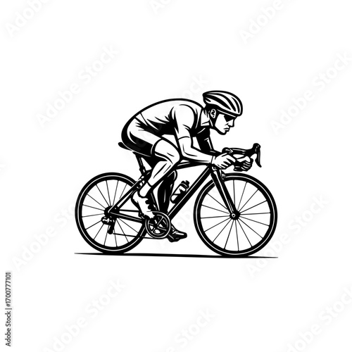 Cyclist leaning forward on a racing bike in sharp linework