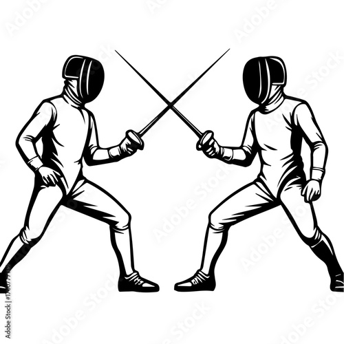 Fencer in duel stance with crossed swords