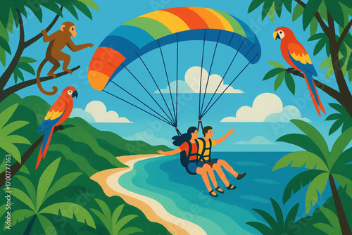 Tropical adventure paragliding with two people over coast with monkeys and parrots