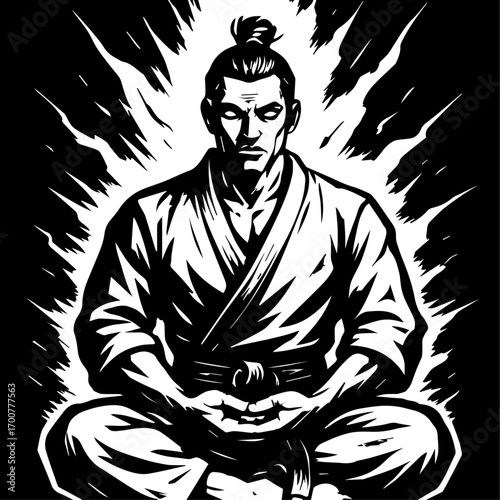 Martial artist in meditation pose, contrast of calm and power