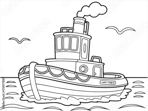 Marine transport tugboat outline illustration for coloring sheet