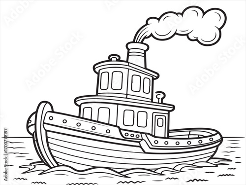 Cute cartoon tugboat doodle sketch black and white activity page