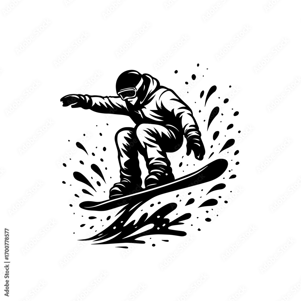 Fototapeta premium Snowboarder performing a jump with abstract snow splashes