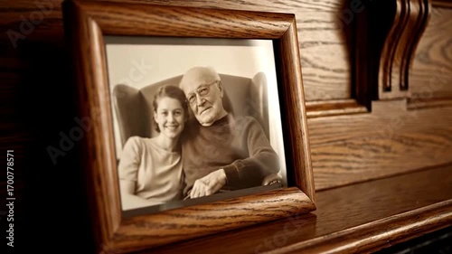 A sepia-toned framed photograph of a smiling grandfather and granddaughter sits on a dark wooden mantelpiece.