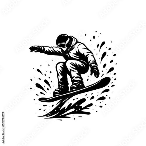 Snowboarder performing a jump with abstract snow splashes