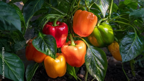 Wallpaper Mural Fresh colorful bell peppers growing on a plant in the garden. Torontodigital.ca